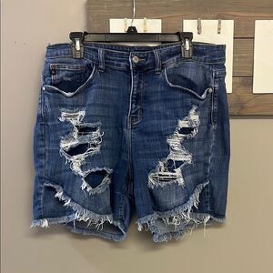 Judy Blue Button Zip Criss Cross Distressed Denim High Waist Women's Shorts 2XL